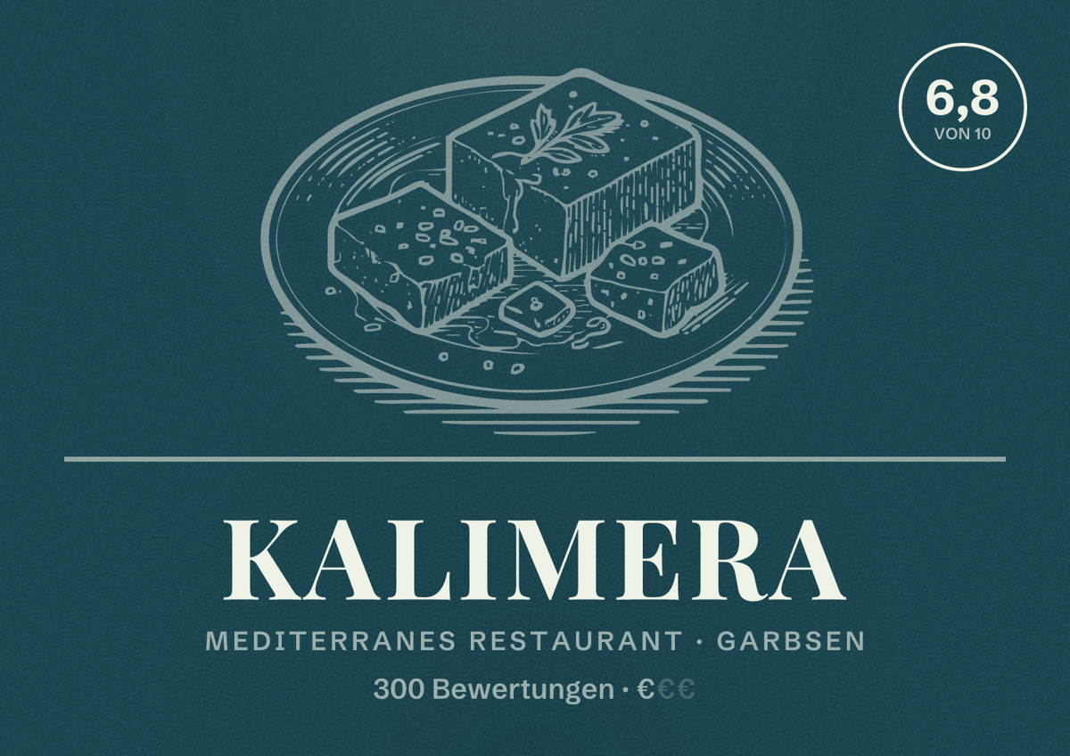 Illustriertes Poster von Kalimera, Mediterranes Restaurant in Garbsen: Bewertung 6,8 von 10 aus 300 Bewertungen, Preisniveau €