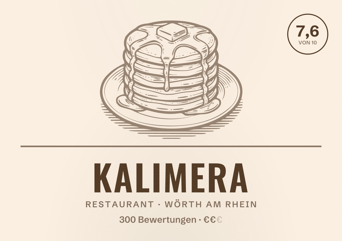 Illustriertes Poster von Kalimera, Restaurant in Wörth am Rhein: Bewertung 7,6 von 10 aus 300 Bewertungen, Preisniveau €€