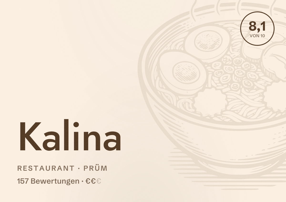 Illustriertes Poster von Kalina, Restaurant in Prüm: Bewertung 8,1 von 10 aus 157 Bewertungen, Preisniveau €€