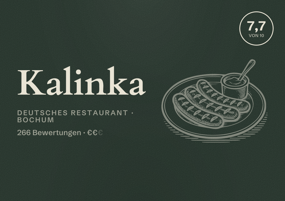 Illustriertes Poster von Kalinka, Deutsches Restaurant in Bochum: Bewertung 7,7 von 10 aus 266 Bewertungen, Preisniveau €€