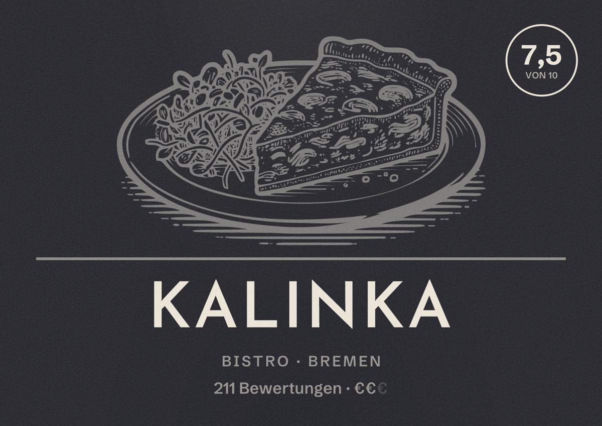 Illustriertes Poster von KALINKA, Bistro in Bremen: Bewertung 7,5 von 10 aus 211 Bewertungen, Preisniveau €€