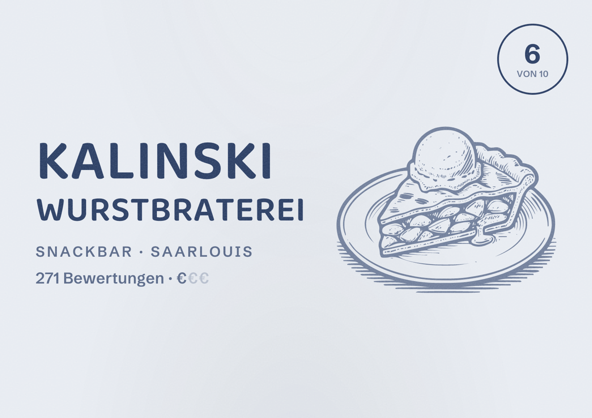 Illustriertes Poster von Kalinski Wurstbraterei, Snackbar in Saarlouis: Bewertung 6 von 10 aus 271 Bewertungen, Preisniveau €