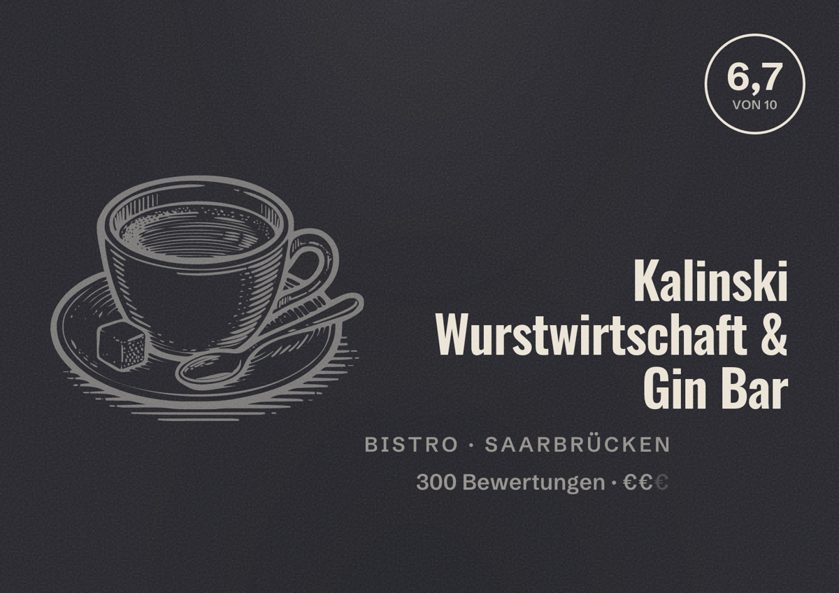 Illustriertes Poster von Kalinski Wurstwirtschaft & Gin Bar, Bistro in Saarbrücken: Bewertung 6,7 von 10 aus 300 Bewertungen, Preisniveau €€