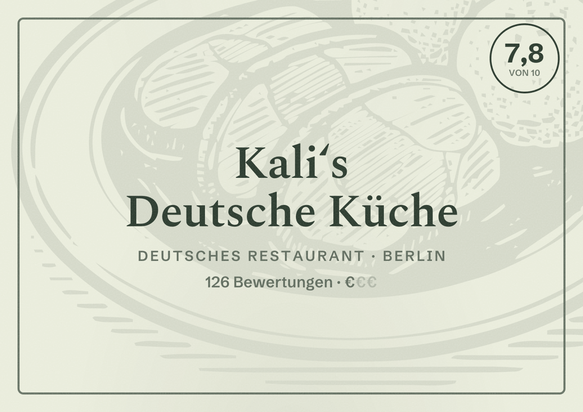 Illustriertes Poster von Kali‘s Deutsche Küche, Deutsches Restaurant in Berlin: Bewertung 7,8 von 10 aus 126 Bewertungen, Preisniveau €