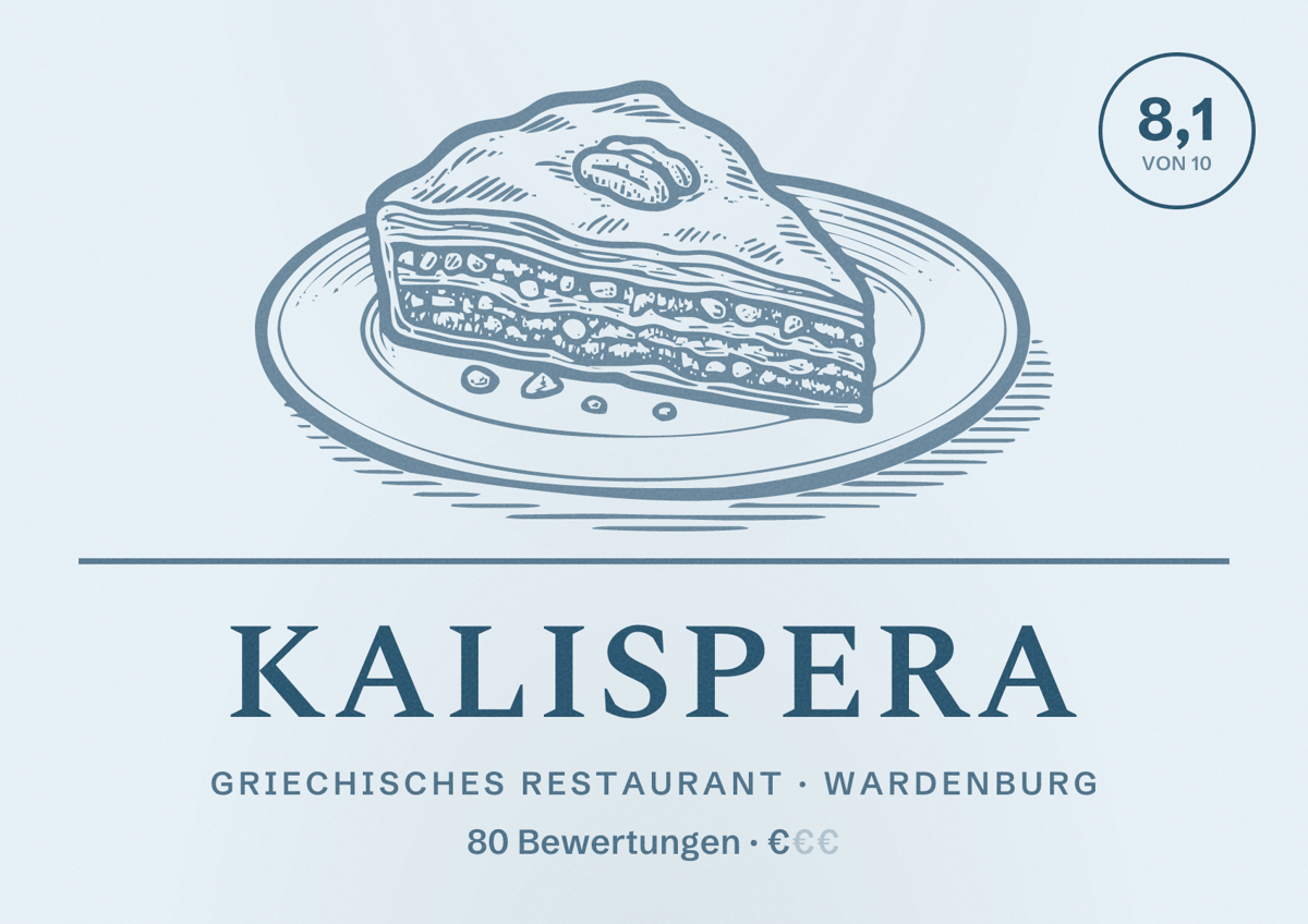 Illustriertes Poster von Kalispera, Griechisches Restaurant in Wardenburg: Bewertung 8,1 von 10 aus 80 Bewertungen, Preisniveau €