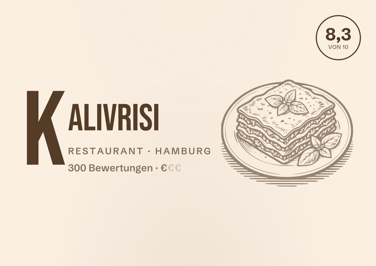 Illustriertes Poster von Kalivrisi, Restaurant in Hamburg: Bewertung 8,3 von 10 aus 300 Bewertungen, Preisniveau €
