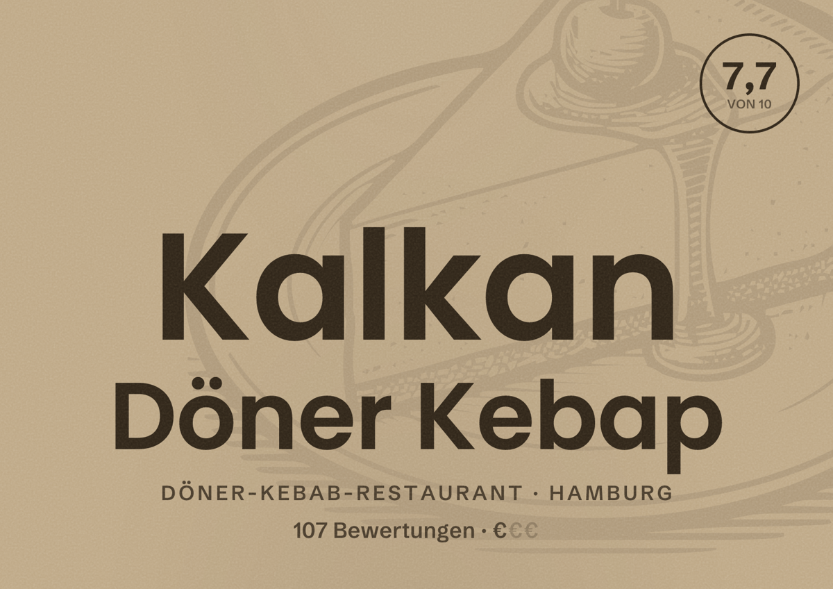 Illustriertes Poster von Kalkan Döner Kebap, Döner-Kebab-Restaurant in Hamburg: Bewertung 7,7 von 10 aus 107 Bewertungen, Preisniveau €
