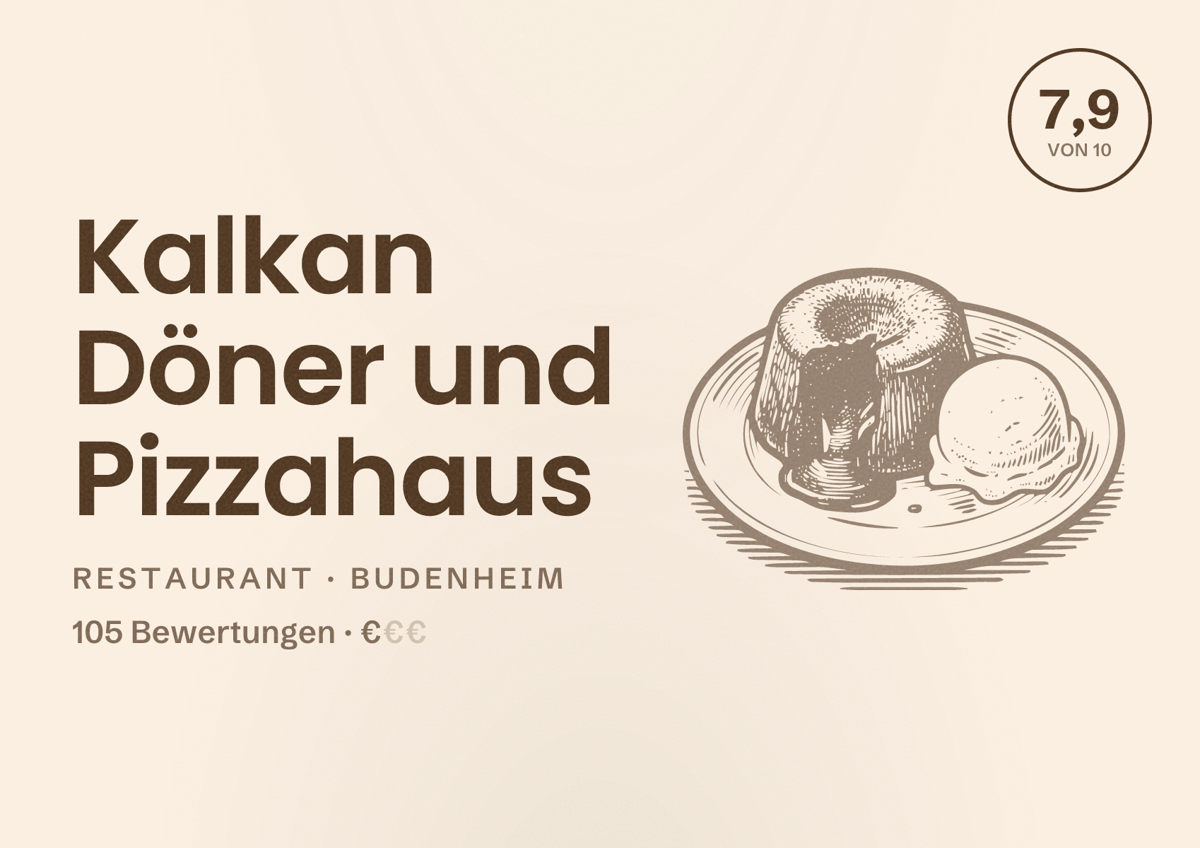 Illustriertes Poster von Kalkan Döner und Pizzahaus, Restaurant in Budenheim: Bewertung 7,9 von 10 aus 105 Bewertungen, Preisniveau €