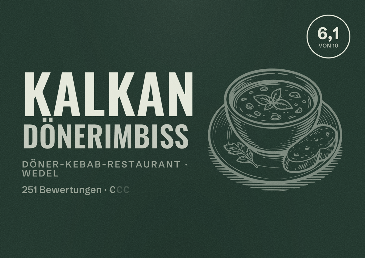 Illustriertes Poster von Kalkan Dönerimbiss, Döner-Kebab-Restaurant in Wedel: Bewertung 6,1 von 10 aus 251 Bewertungen, Preisniveau €