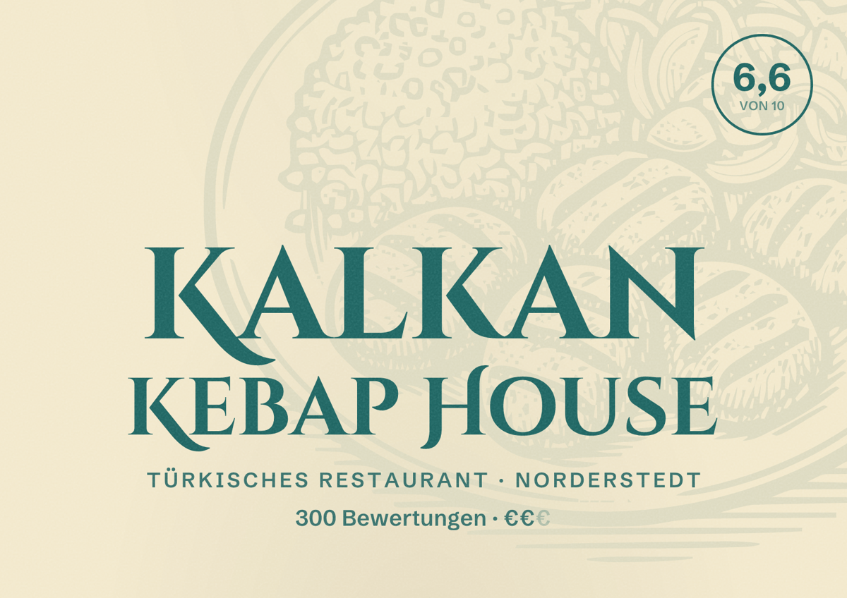 Illustriertes Poster von Kalkan Kebap House, Türkisches Restaurant in Norderstedt: Bewertung 6,6 von 10 aus 300 Bewertungen, Preisniveau €€