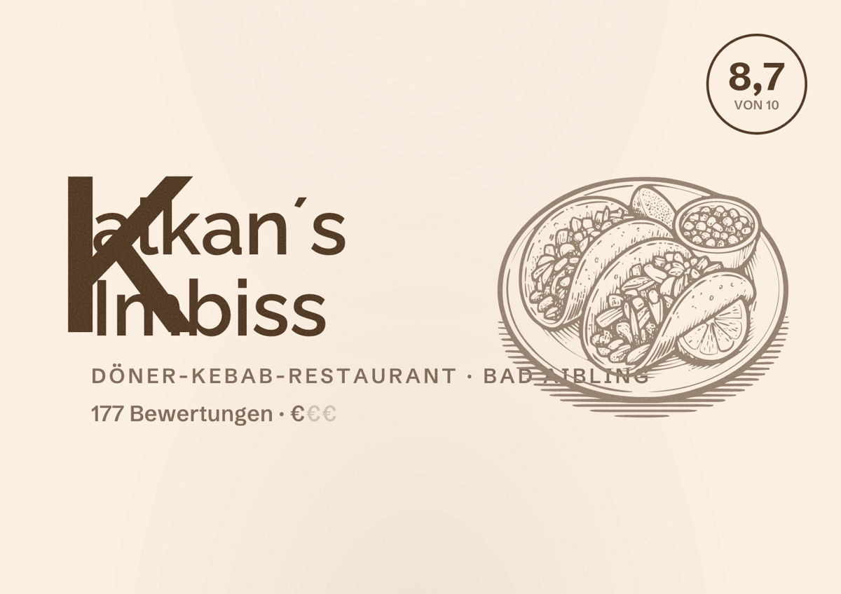 Illustriertes Poster von Kalkan´s Imbiss, Döner-Kebab-Restaurant in Bad Aibling: Bewertung 8,7 von 10 aus 177 Bewertungen, Preisniveau €