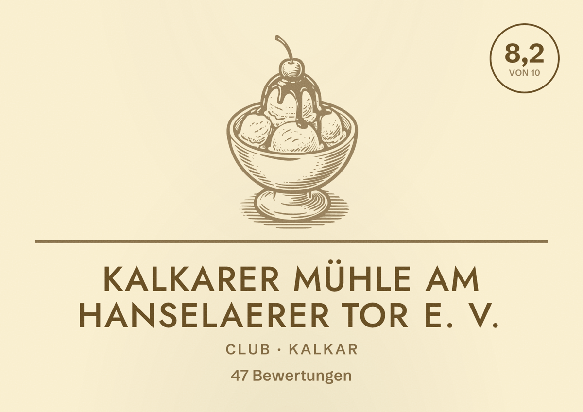 Illustriertes Poster von Kalkarer Mühle am Hanselaerer Tor e. V., Club in Kalkar: Bewertung 8,2 von 10 aus 47 Bewertungen