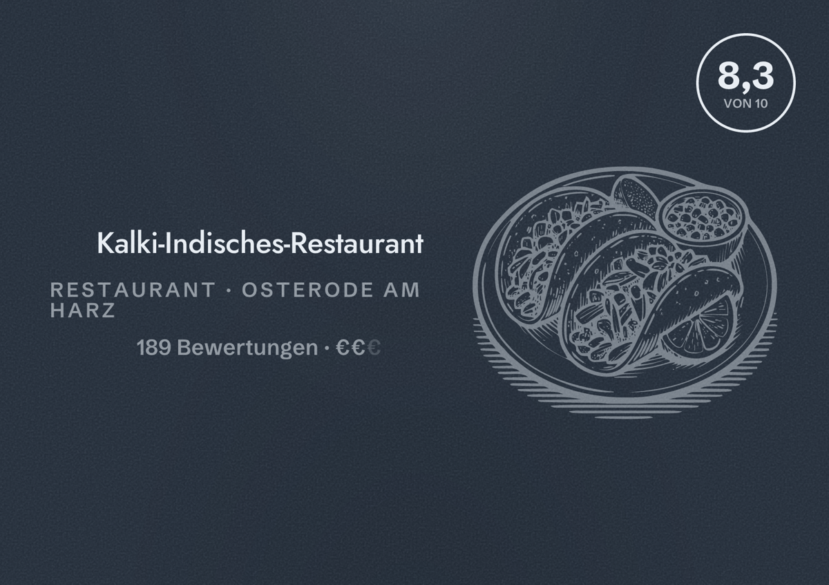 Illustriertes Poster von Kalki-Indisches-Restaurant, Restaurant in Osterode am Harz: Bewertung 8,3 von 10 aus 189 Bewertungen, Preisniveau €€