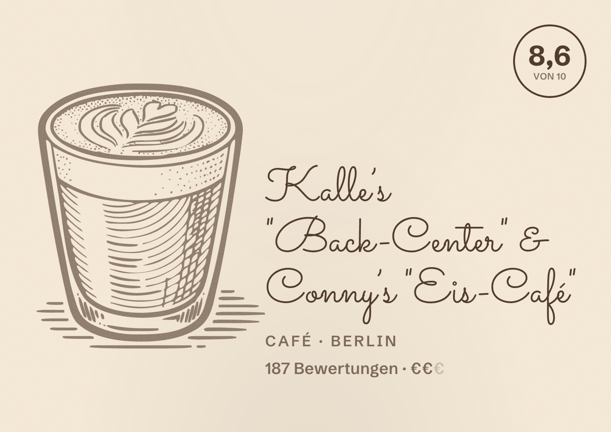 Illustriertes Poster von Kalle’s "Back-Center" & Conny’s "Eis-Café", Café in Berlin: Bewertung 8,6 von 10 aus 187 Bewertungen, Preisniveau €€
