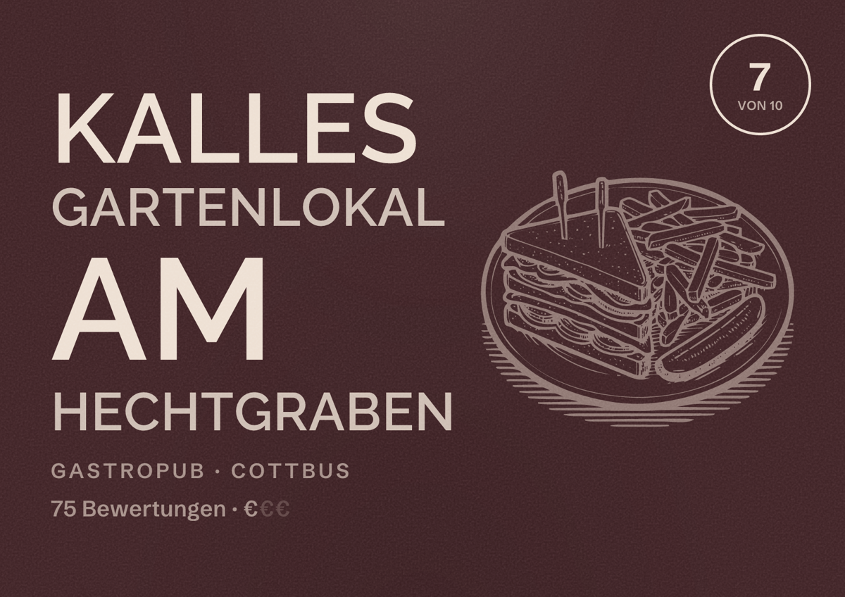 Illustriertes Poster von Kalles Gartenlokal am Hechtgraben, Gastropub in Cottbus: Bewertung 7 von 10 aus 75 Bewertungen, Preisniveau €