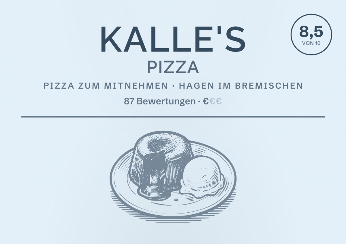 Illustriertes Poster von Kalle's Pizza, Pizza zum Mitnehmen in Hagen im Bremischen: Bewertung 8,5 von 10 aus 87 Bewertungen, Preisniveau €