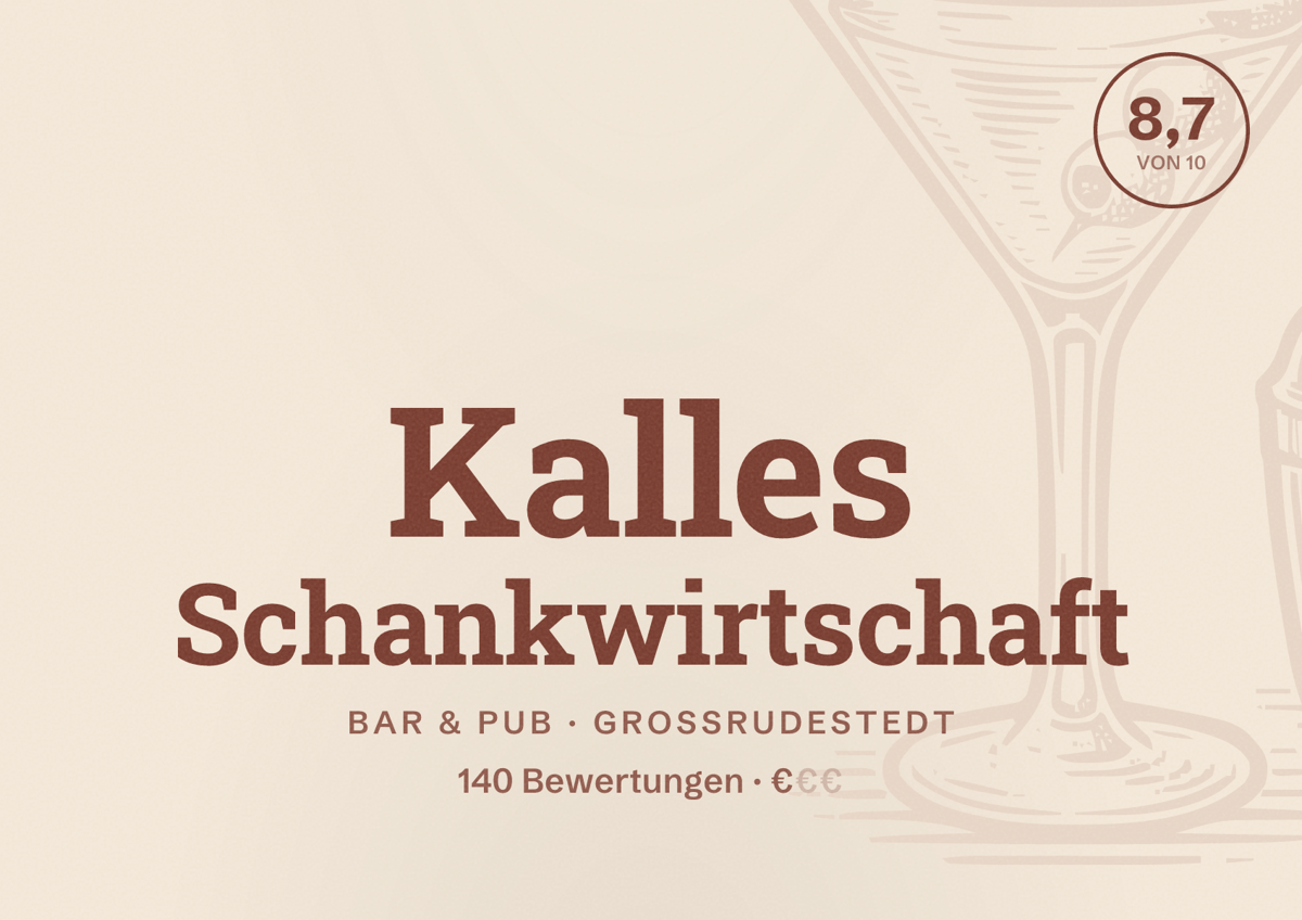 Illustriertes Poster von Kalles Schankwirtschaft, Bar & Pub in Großrudestedt: Bewertung 8,7 von 10 aus 140 Bewertungen, Preisniveau €
