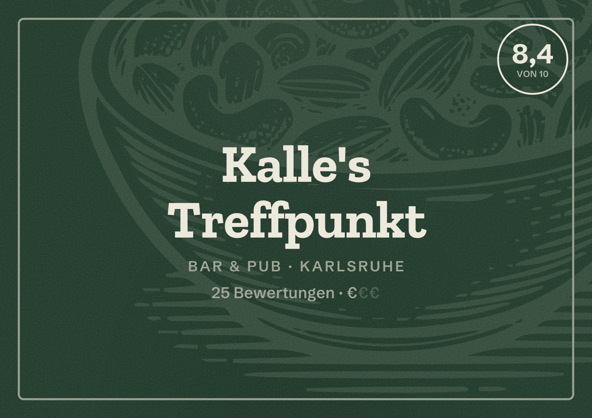 Illustriertes Poster von Kalle's Treffpunkt, Bar & Pub in Karlsruhe: Bewertung 8,4 von 10 aus 25 Bewertungen, Preisniveau €
