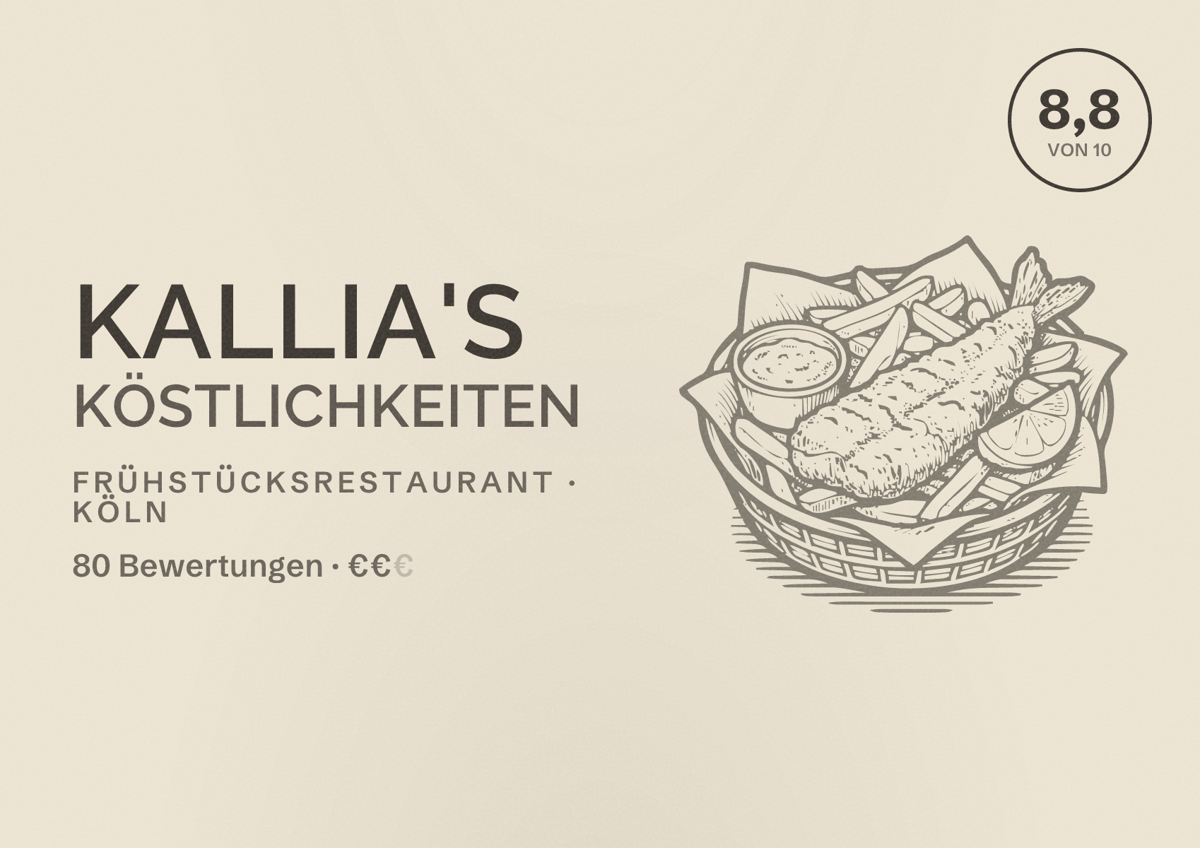 Illustriertes Poster von Kallia's Köstlichkeiten, Frühstücksrestaurant in Köln: Bewertung 8,8 von 10 aus 80 Bewertungen, Preisniveau €€