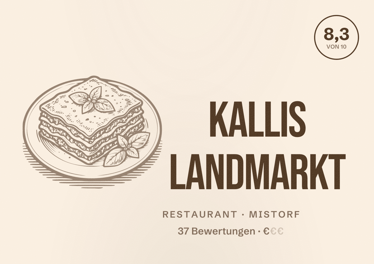 Illustriertes Poster von Kallis Landmarkt, Restaurant in Mistorf: Bewertung 8,3 von 10 aus 37 Bewertungen, Preisniveau €
