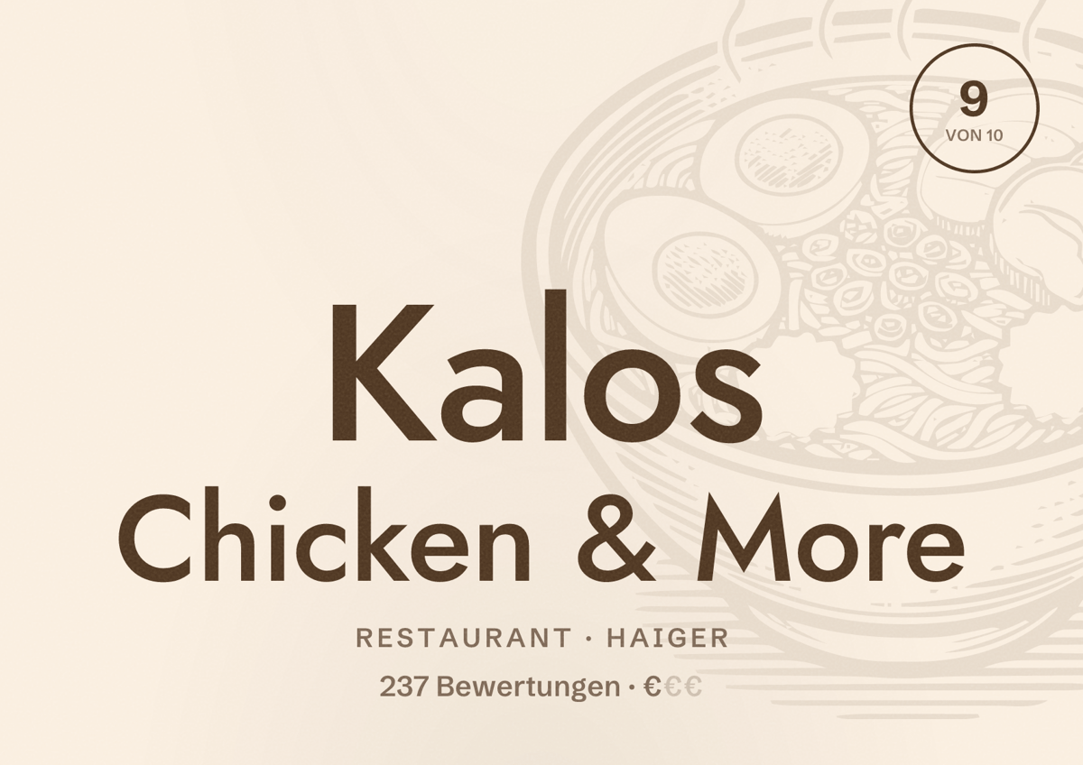 Illustriertes Poster von Kalos Chicken & More, Restaurant in Haiger: Bewertung 9 von 10 aus 237 Bewertungen, Preisniveau €