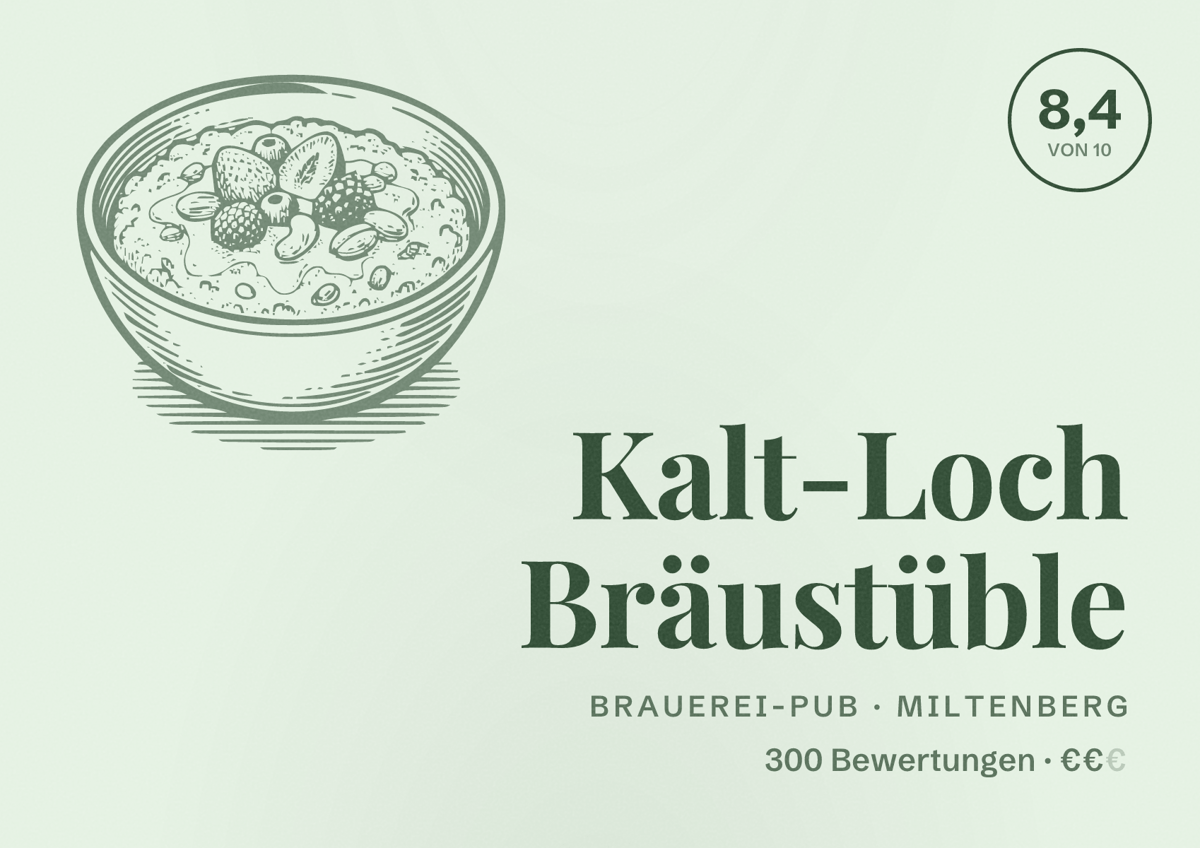 Illustriertes Poster von Kalt-Loch Bräustüble, Brauerei-Pub in Miltenberg: Bewertung 8,4 von 10 aus 300 Bewertungen, Preisniveau €€