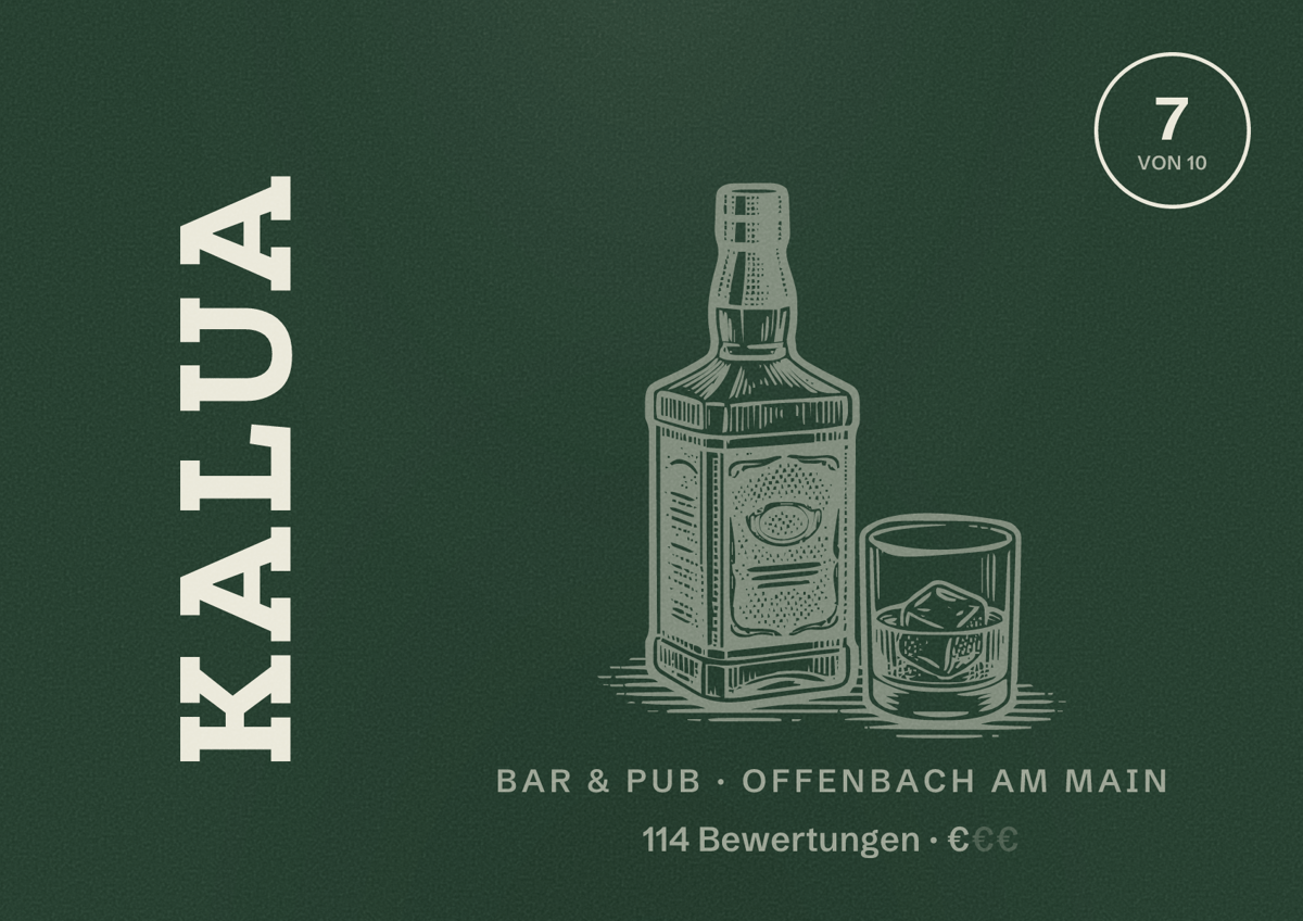 Illustriertes Poster von Kalua, Bar & Pub in Offenbach am Main: Bewertung 7 von 10 aus 114 Bewertungen, Preisniveau €