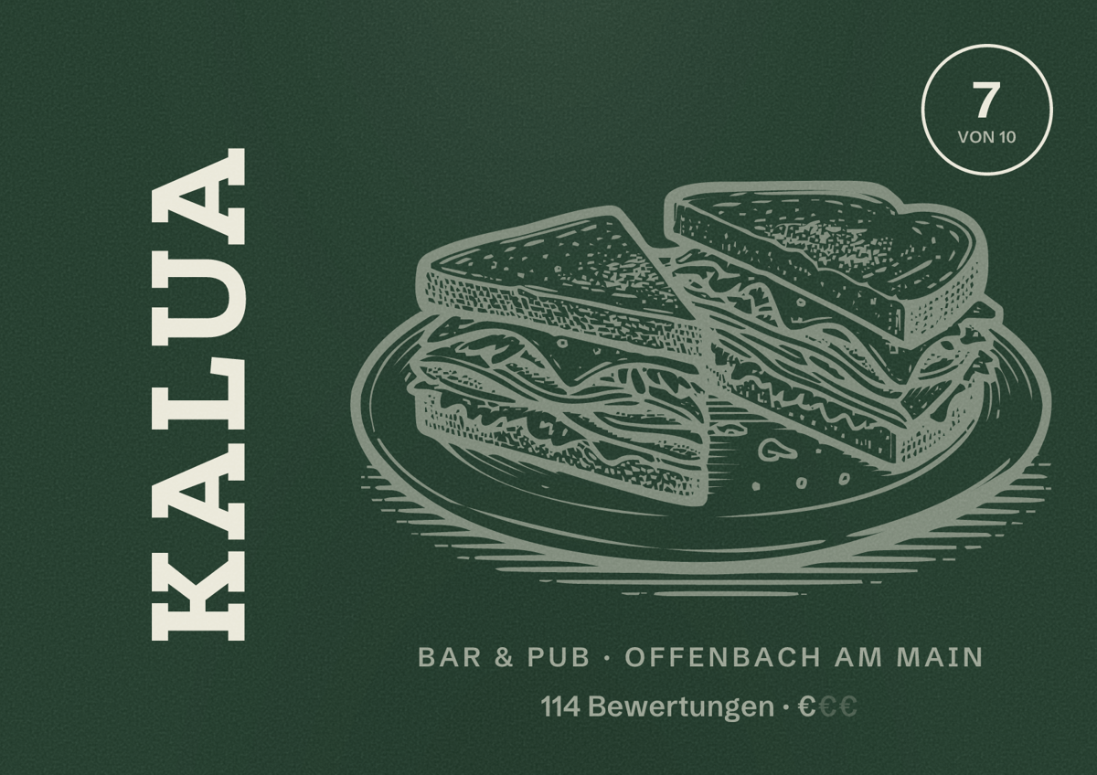 Illustriertes Poster von Kalua, Bar & Pub in Offenbach am Main: Bewertung 7 von 10 aus 114 Bewertungen, Preisniveau €