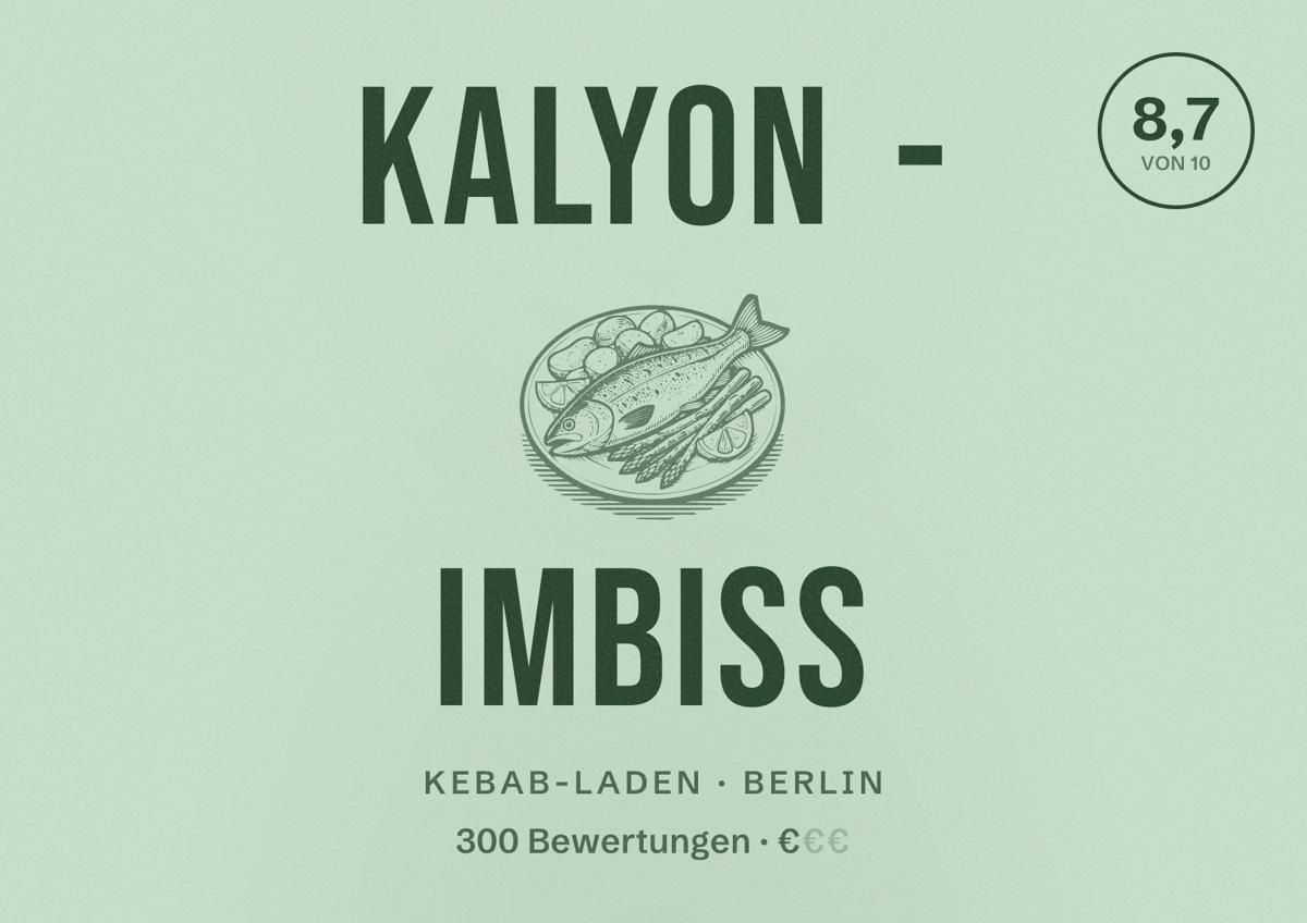 Illustriertes Poster von Kalyon - Imbiss, Kebab-Laden in Berlin: Bewertung 8,7 von 10 aus 300 Bewertungen, Preisniveau €