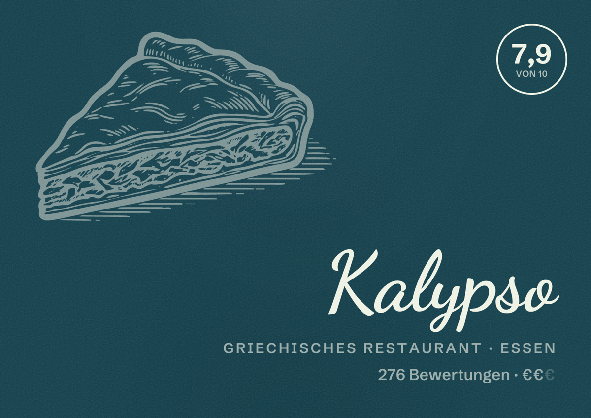 Illustriertes Poster von Kalypso, Griechisches Restaurant in Essen: Bewertung 7,9 von 10 aus 276 Bewertungen, Preisniveau €€