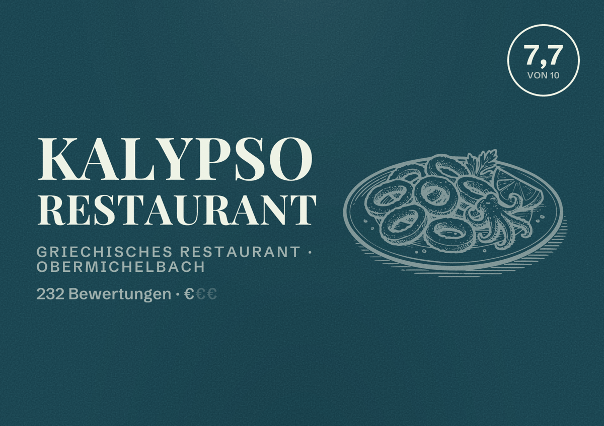 Illustriertes Poster von Kalypso Restaurant, Griechisches Restaurant in Obermichelbach: Bewertung 7,7 von 10 aus 232 Bewertungen, Preisniveau €