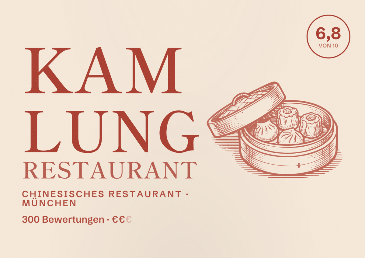 Illustriertes Poster von Kam Lung Restaurant, Chinesisches Restaurant in München: Bewertung 6,8 von 10 aus 300 Bewertungen, Preisniveau €€