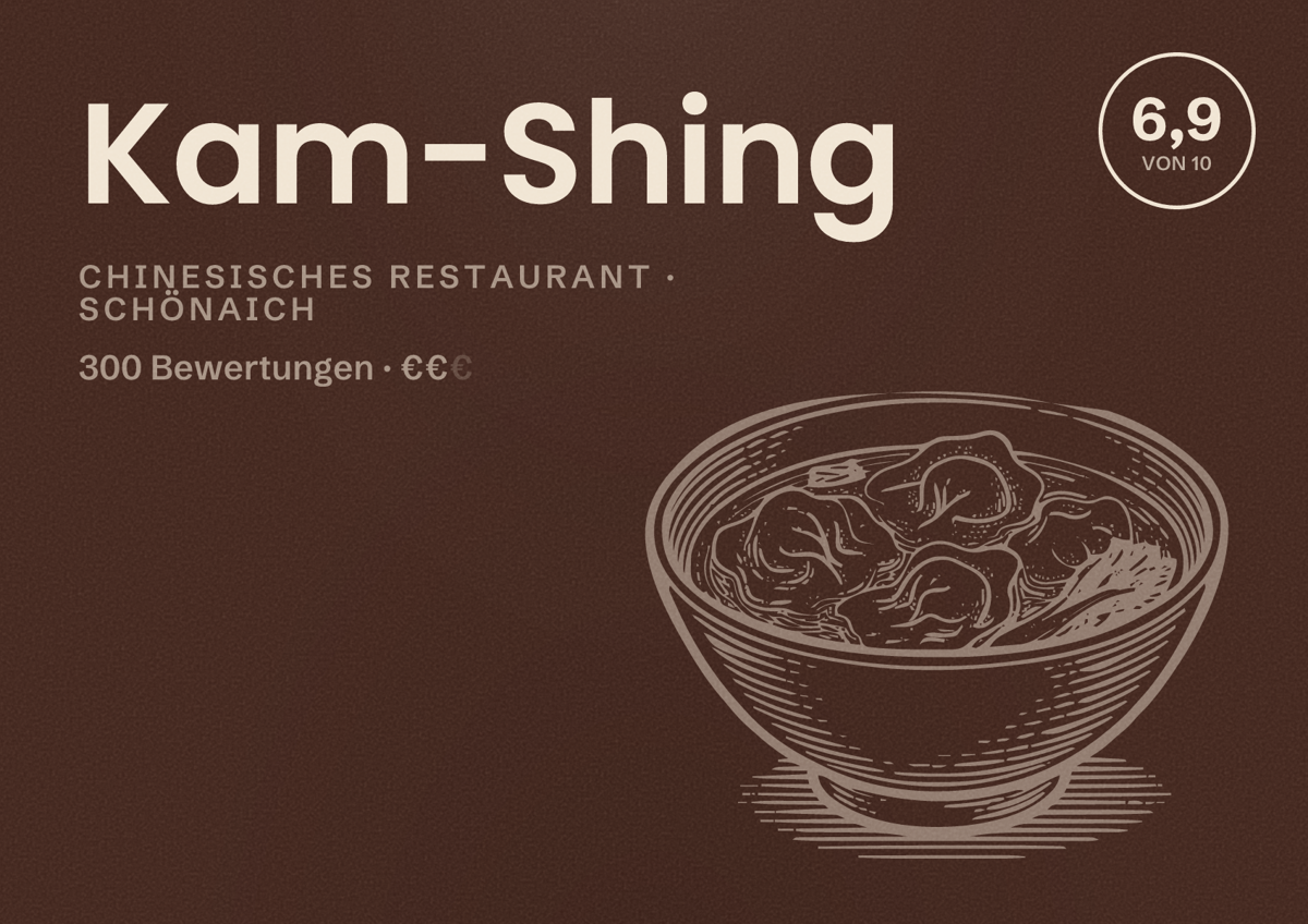 Illustriertes Poster von Kam-Shing, Chinesisches Restaurant in Schönaich: Bewertung 6,9 von 10 aus 300 Bewertungen, Preisniveau €€