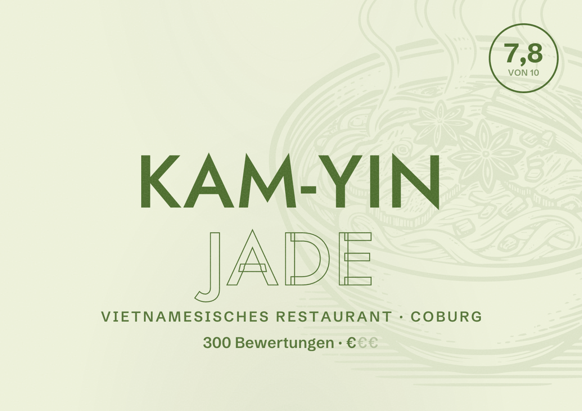 Illustriertes Poster von Kam-Yin Jade, Vietnamesisches Restaurant in Coburg: Bewertung 7,8 von 10 aus 300 Bewertungen, Preisniveau €
