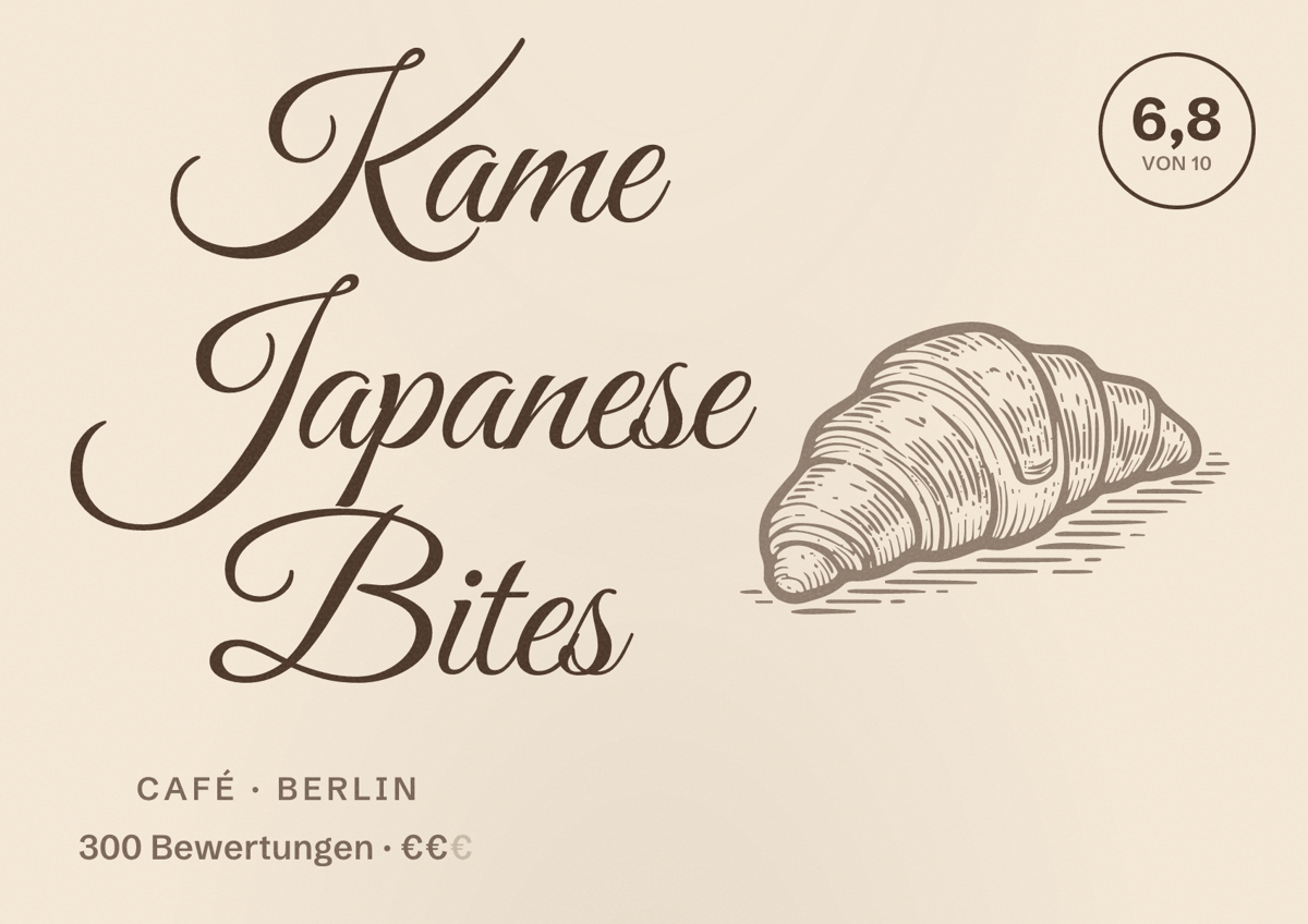 Illustriertes Poster von Kame Japanese Bites, Café in Berlin: Bewertung 6,8 von 10 aus 300 Bewertungen, Preisniveau €€