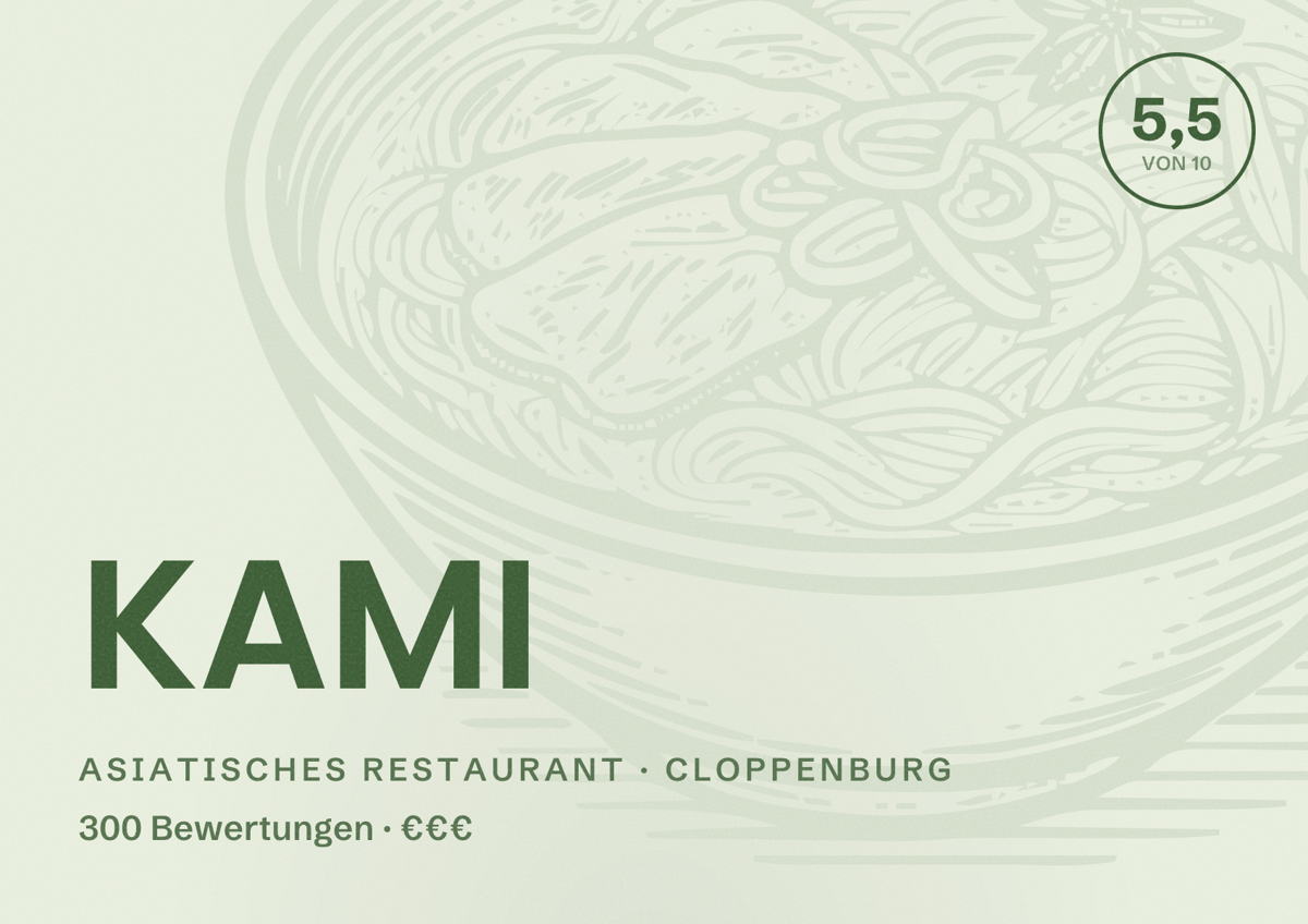 Illustriertes Poster von KAMI, Asiatisches Restaurant in Cloppenburg: Bewertung 5,5 von 10 aus 300 Bewertungen, Preisniveau €€€
