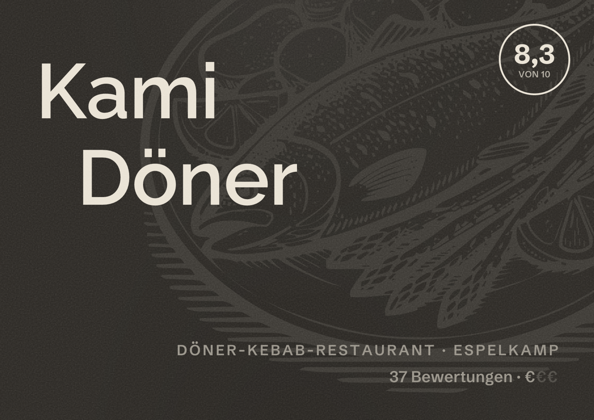 Illustriertes Poster von Kami Döner, Döner-Kebab-Restaurant in Espelkamp: Bewertung 8,3 von 10 aus 37 Bewertungen, Preisniveau €