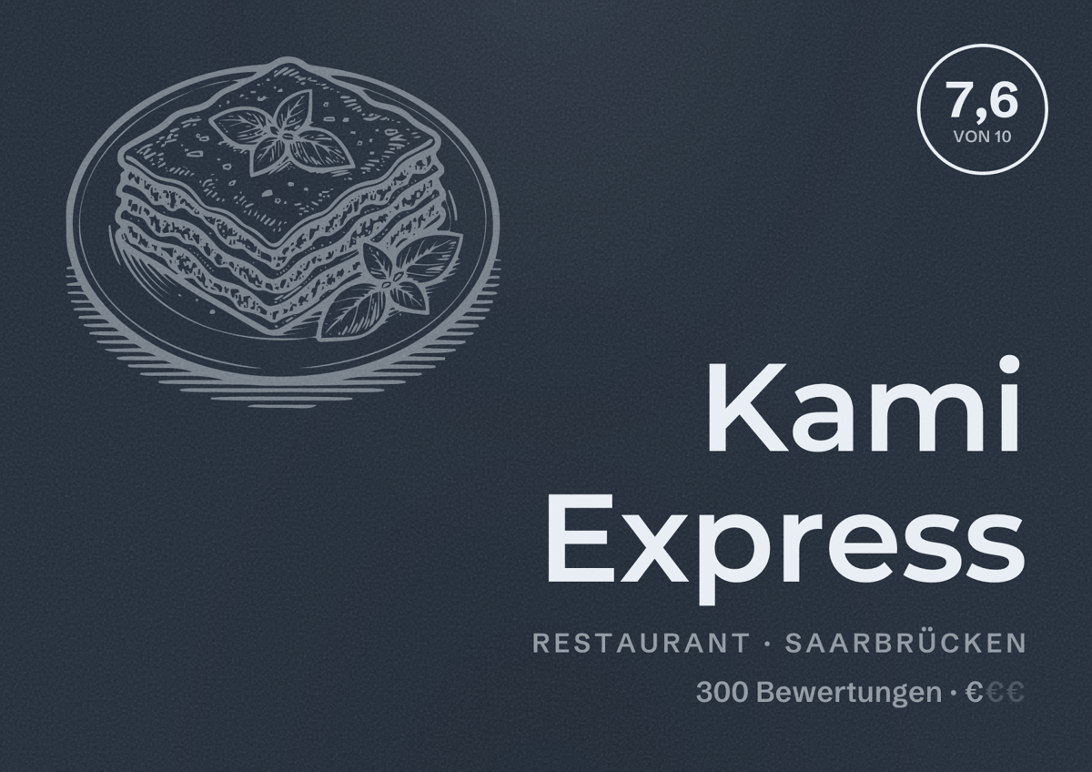 Illustriertes Poster von Kami Express, Restaurant in Saarbrücken: Bewertung 7,6 von 10 aus 300 Bewertungen, Preisniveau €