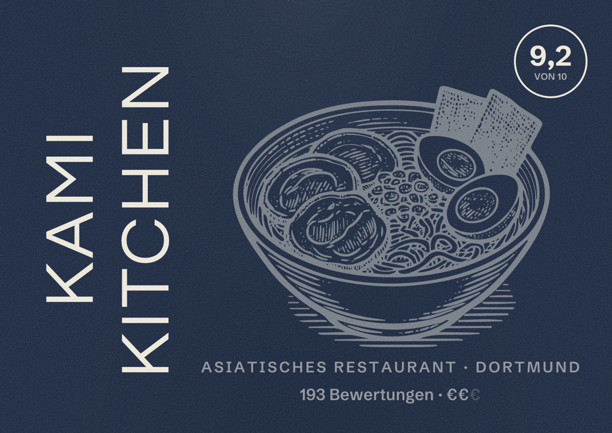 Illustriertes Poster von Kami Kitchen, Asiatisches Restaurant in Dortmund: Bewertung 9,2 von 10 aus 193 Bewertungen, Preisniveau €€