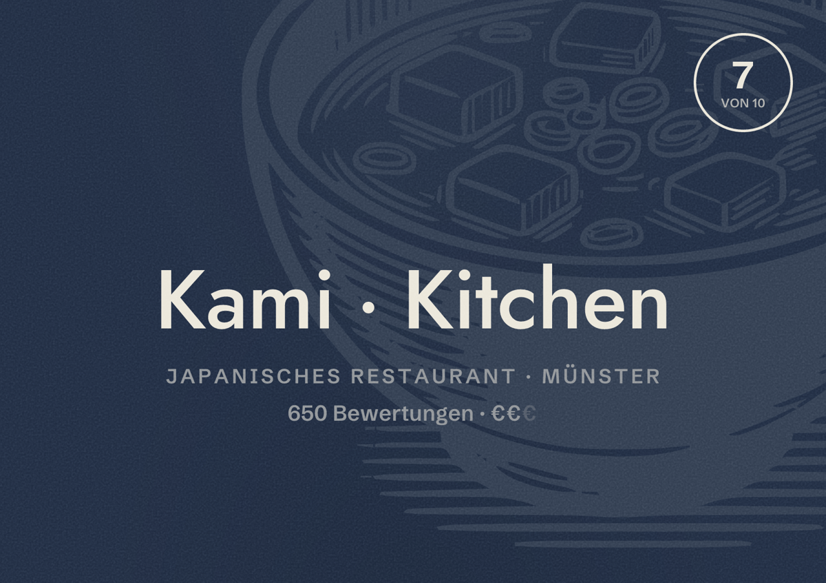 Illustriertes Poster von Kami Kitchen, Japanisches Restaurant in Münster: Bewertung 7 von 10 aus 650 Bewertungen, Preisniveau €€