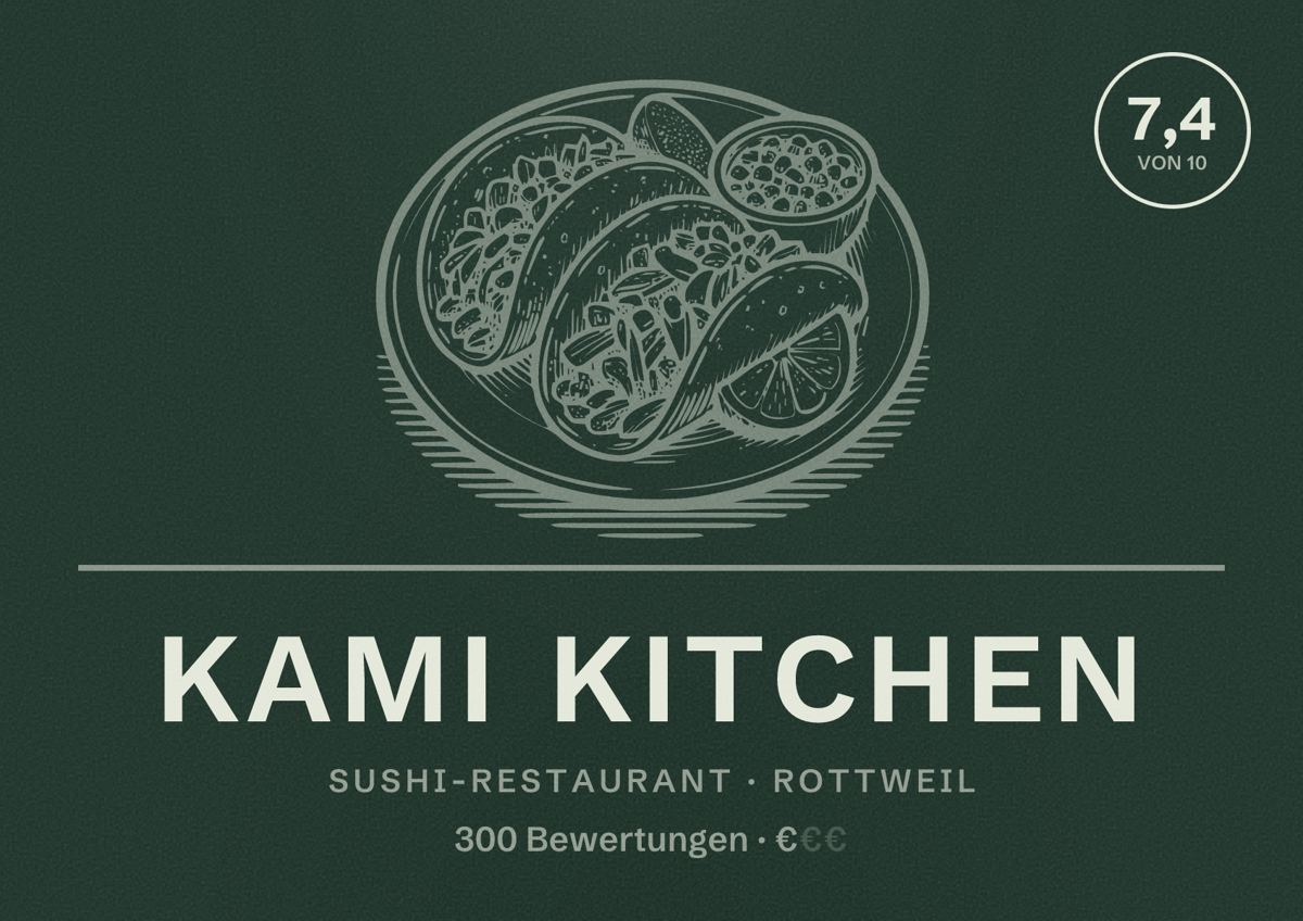 Illustriertes Poster von Kami Kitchen, Sushi-Restaurant in Rottweil: Bewertung 7,4 von 10 aus 300 Bewertungen, Preisniveau €