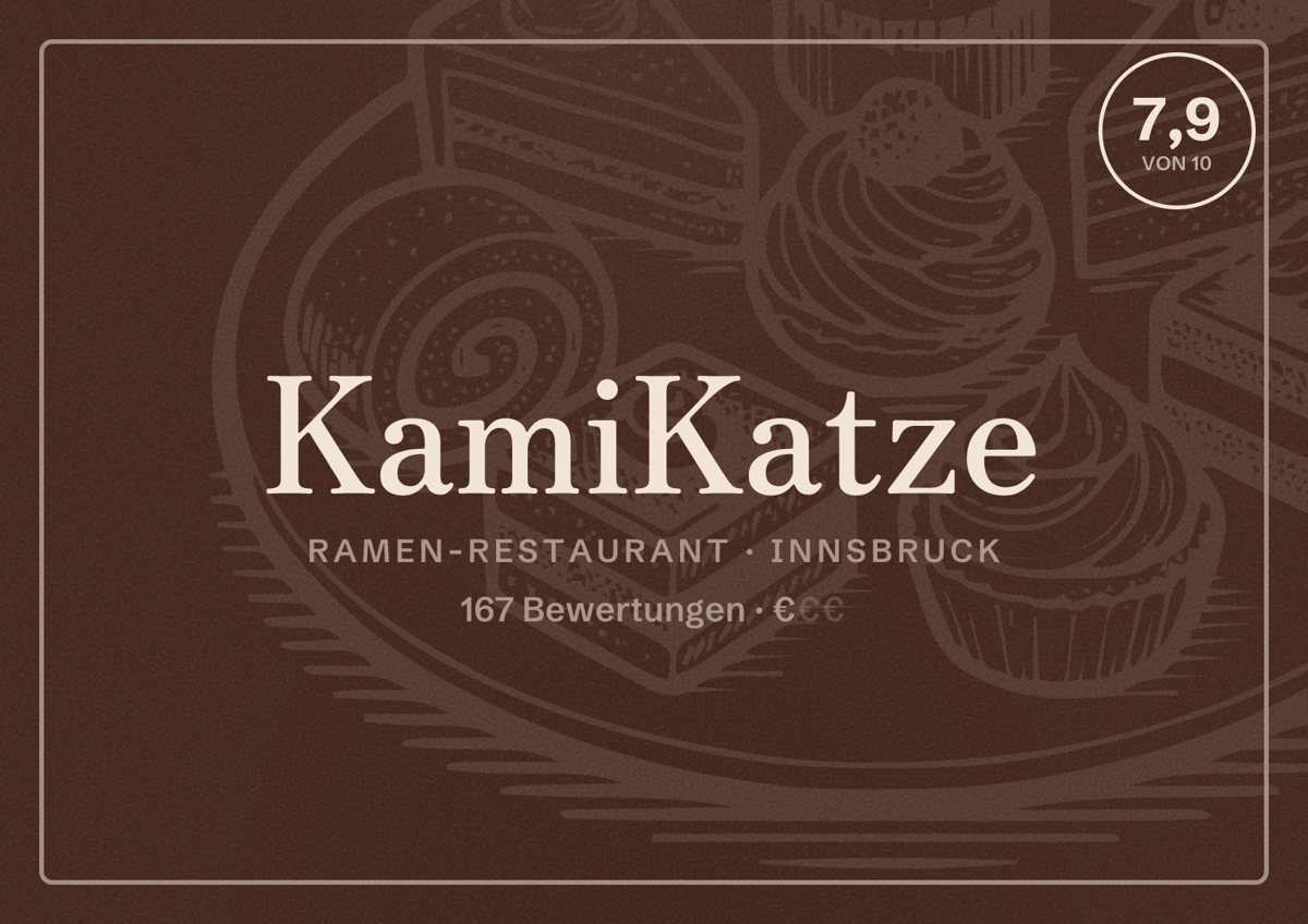 Illustriertes Poster von KamiKatze, Ramen-Restaurant in Innsbruck: Bewertung 7,9 von 10 aus 167 Bewertungen, Preisniveau €