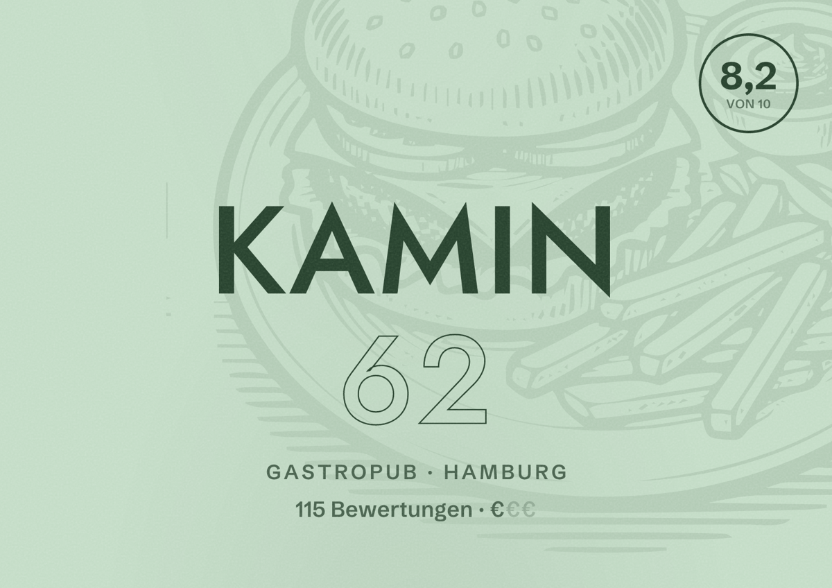 Illustriertes Poster von Kamin 62, Gastropub in Hamburg: Bewertung 8,2 von 10 aus 115 Bewertungen, Preisniveau €