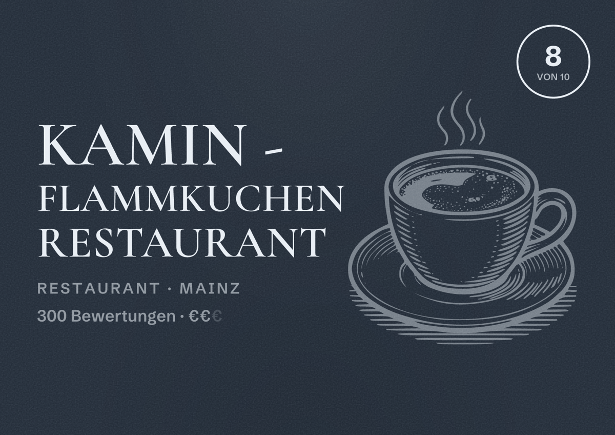 Illustriertes Poster von Kamin - Flammkuchen Restaurant, Restaurant in Mainz: Bewertung 8 von 10 aus 300 Bewertungen, Preisniveau €€