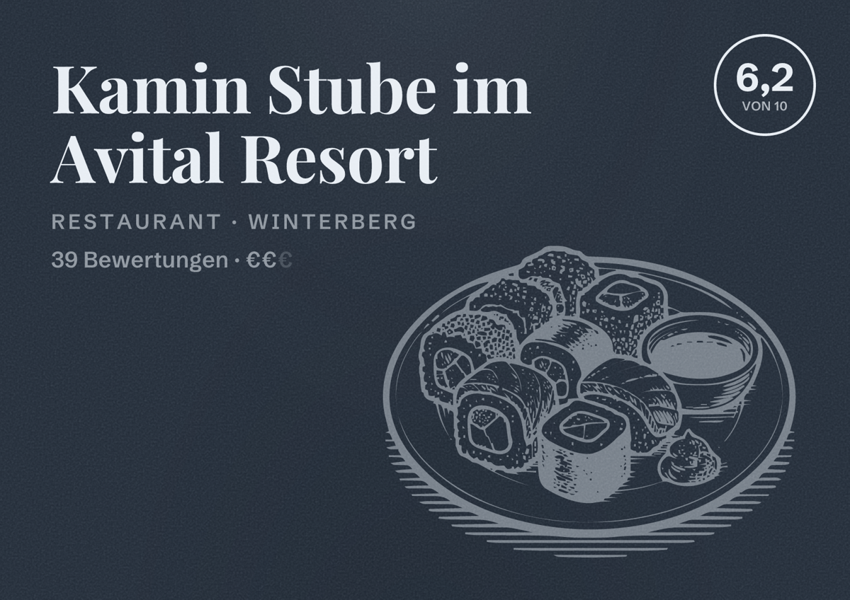 Illustriertes Poster von Kamin Stube im Avital Resort, Restaurant in Winterberg: Bewertung 6,2 von 10 aus 39 Bewertungen, Preisniveau €€