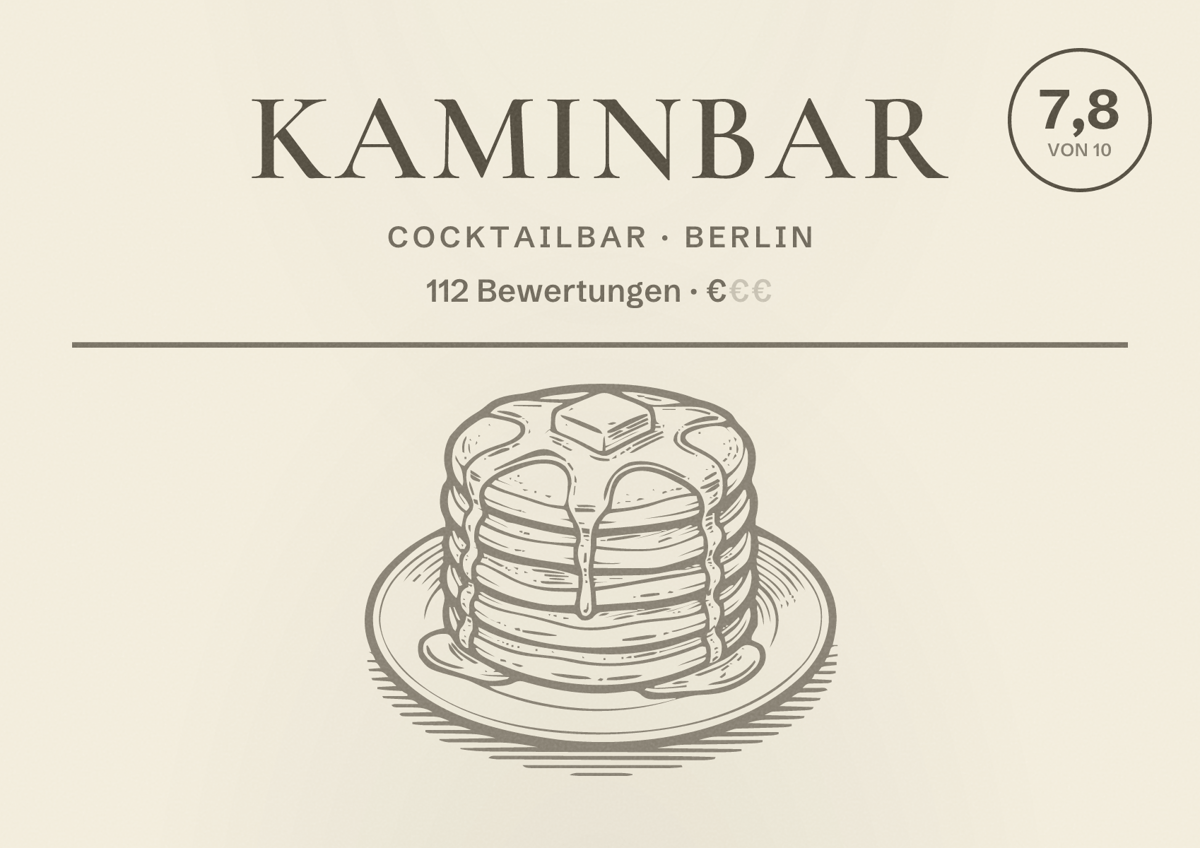 Illustriertes Poster von Kaminbar, Cocktailbar in Berlin: Bewertung 7,8 von 10 aus 112 Bewertungen, Preisniveau €