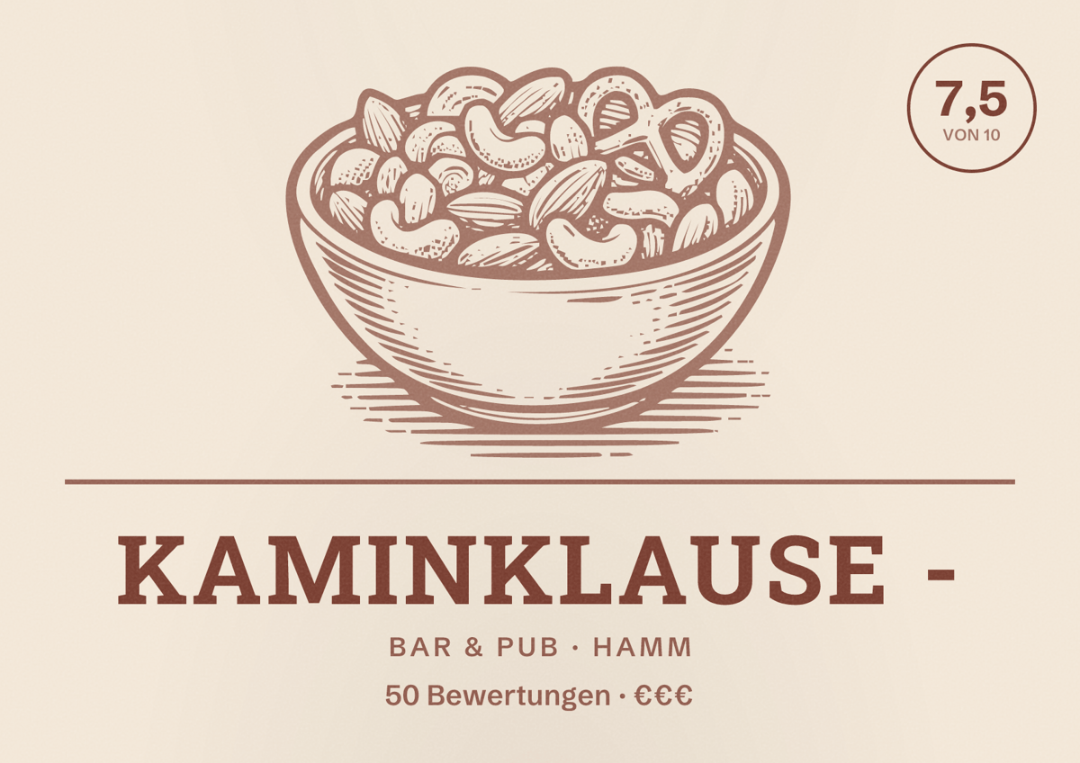 Illustriertes Poster von Kaminklause -, Bar & Pub in Hamm: Bewertung 7,5 von 10 aus 50 Bewertungen, Preisniveau €€€
