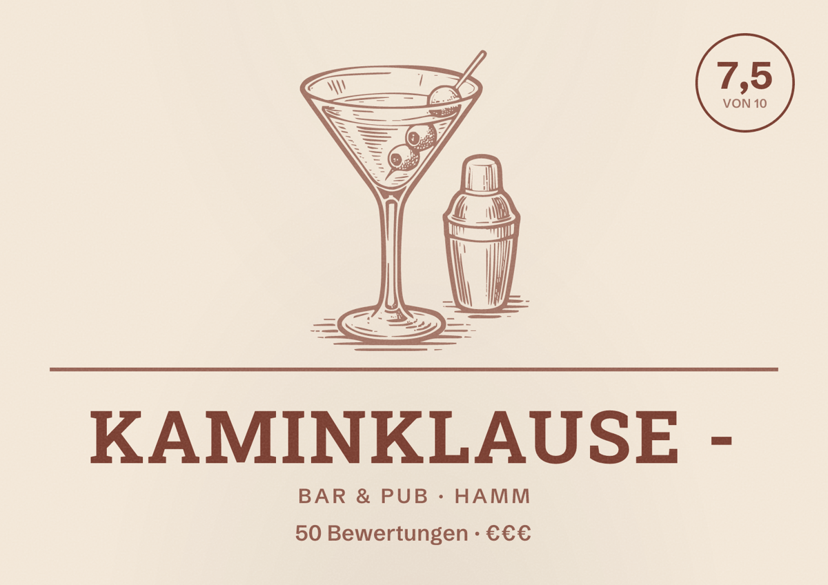 Illustriertes Poster von Kaminklause -, Bar & Pub in Hamm: Bewertung 7,5 von 10 aus 50 Bewertungen, Preisniveau €€€
