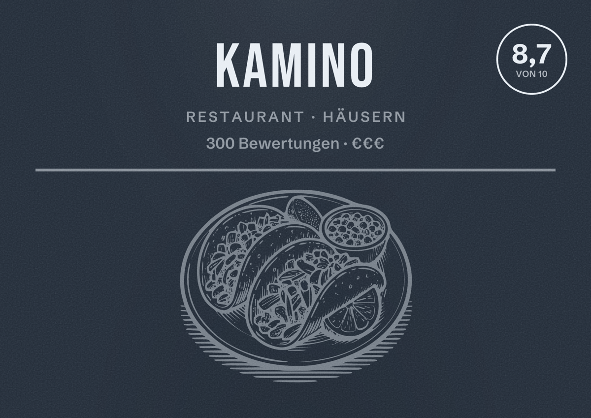 Illustriertes Poster von Kamino, Restaurant in Häusern: Bewertung 8,7 von 10 aus 300 Bewertungen, Preisniveau €€€