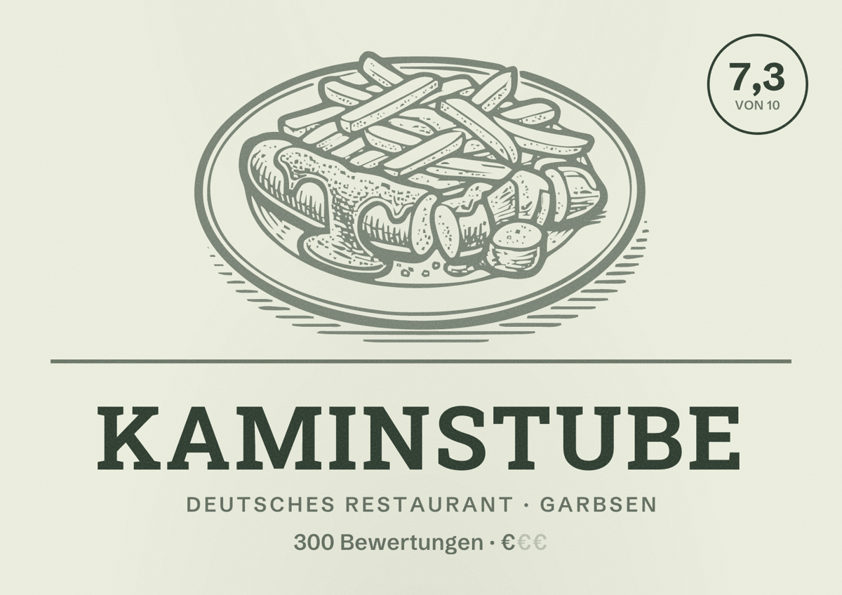 Illustriertes Poster von Kaminstube, Deutsches Restaurant in Garbsen: Bewertung 7,3 von 10 aus 300 Bewertungen, Preisniveau €